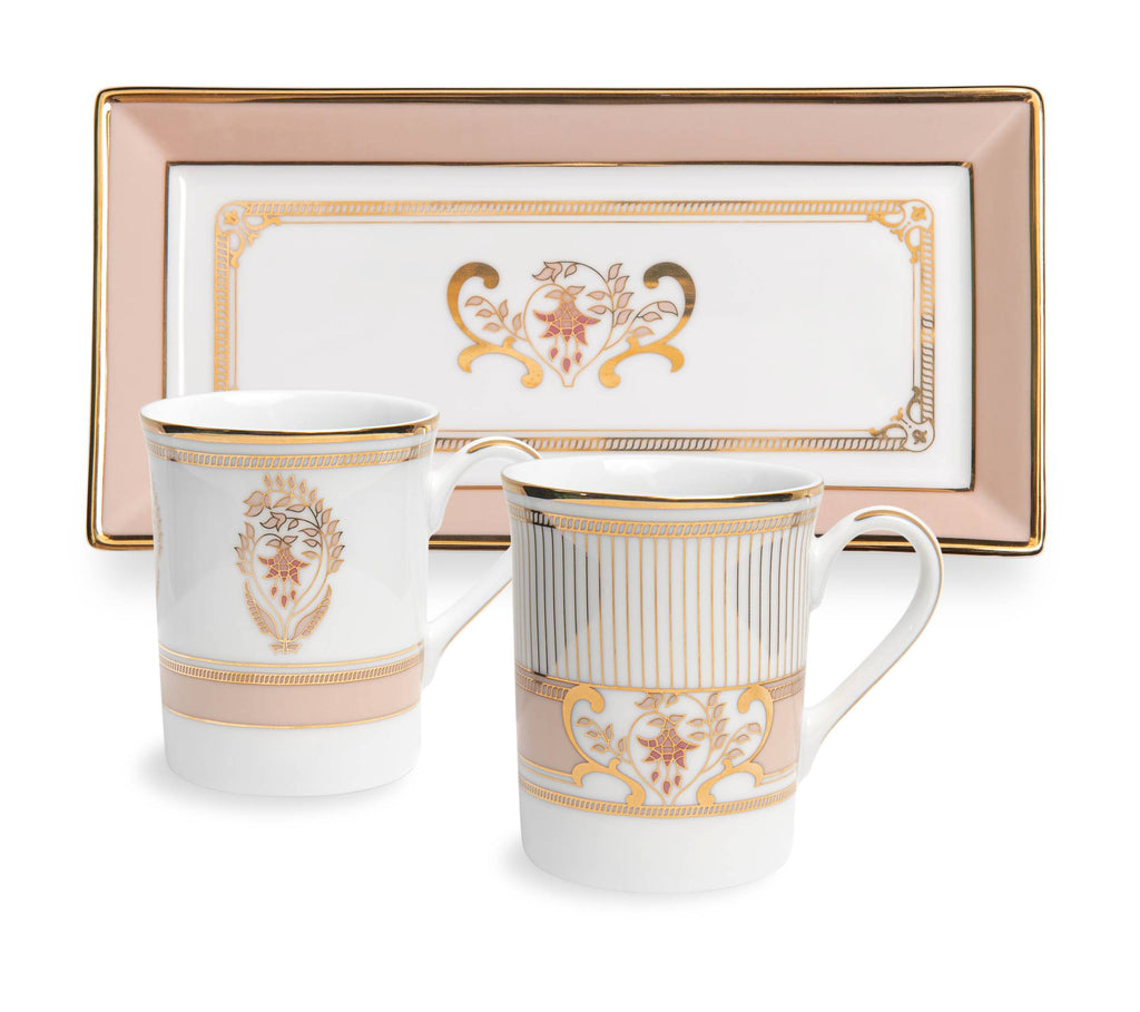 Blush of Fuchsia - Set of 2 coffee mugs and 1 tray set